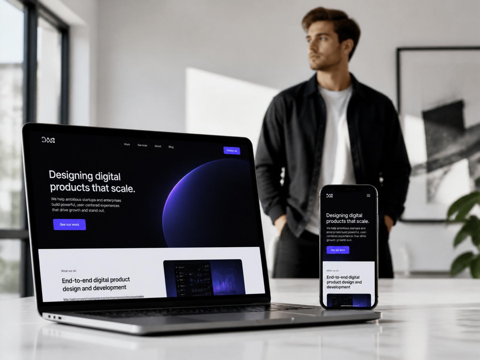 Modern website design shown on a laptop and phone with a young founder in the background